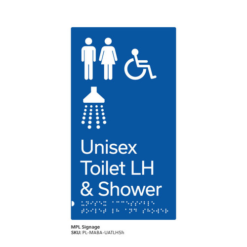 Pillar Range - Matte Accessible Blue Acrylic Braille Signs - Unisex Accessible Toilet LH and Shower