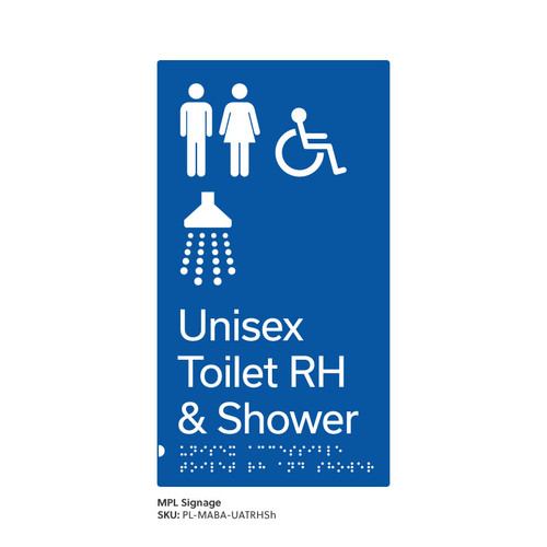 Pillar Range - Matte Accessible Blue Acrylic Braille Signs - Unisex Accessible Toilet RH and Shower