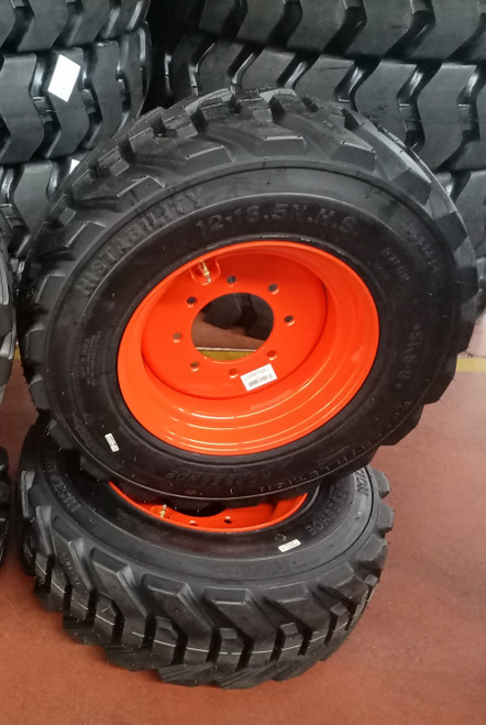 2-Pks HORSESHOE 12-16.5 16PLY R-4 Extra Thick Rim-Guard Wall Super Heavy Duty LRH Tires mounted on 16.5x9.75 Bolt 8x8" Orange Steel Rims w/Brass Valve Stem & Protection Shield 12x16.5 9.75x16.5 (1 Left + 1 Right)