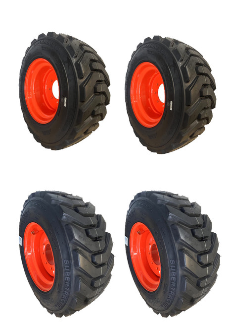 4-Pks HORSESHOE 10-16.5 16PLY R-4 Extra Thick Rim-Guard Wall Super Heavy Duty LRH Tires mounted on 16.5x8.25 Bolt 8x8" Orange Steel Rims w/Brass Valve Stem & Stem Protector 10x16.5 8.25x16.5 (2 Left + 2 Right)