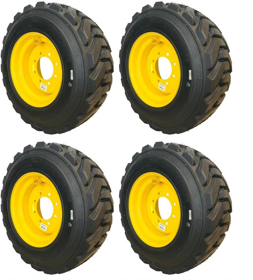 4-Pks HORSESHOE 10-16.5 16PLY R-4 Extra Thick Rim-Guard Wall Super Heavy Duty LRH Tires mounted on 16.5x8.25 Bolt 8x8" Yellow (NE) Steel Rims w/Brass Valve Stem & Stem Protector 10x16.5 8.25x16.5 (2 Left + 2 Right)