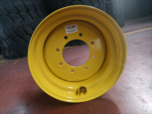 HORSESHOE 16.5x8.25 heavy duty skid steer Yellow (NE) steel rim for tire size 10-16.5, 8 lug bolt pattern 8x8", 6" Center Pilot Hole, 4" Offset Included brass valve stem & stem protector - 8.25x16.5 10x16.5