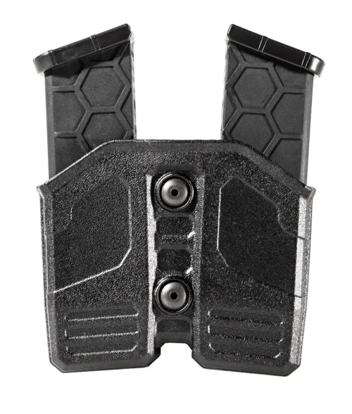 injection moulded doulbe 9mm pouch.  shown with two magazines inserted