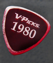 V-Picks 1980 Ruby Red single guitar pick 2.75 black background