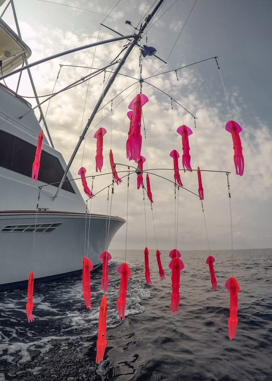 fishing dredge with hot pink squid teasers