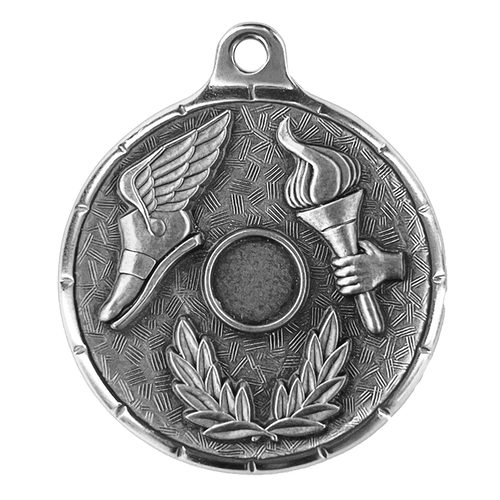 This is a gold medal featuring a winged shoe, a hand holding a torch, and an emblem with the initials "HS" surrounded by a laurel wreath. The medal has a textured background and fine details around the edges.