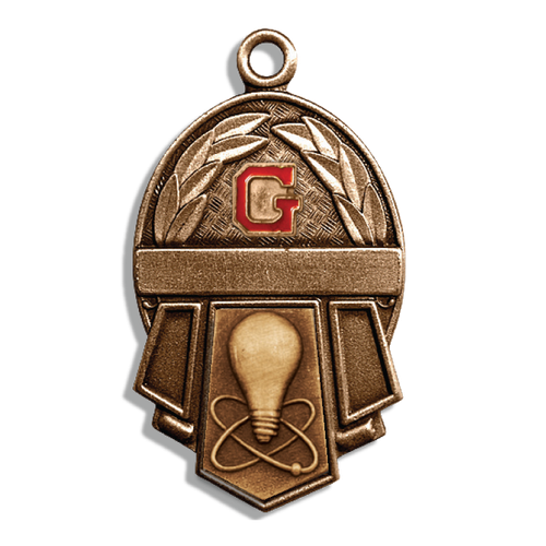 A bronze-colored medal featuring a laurel wreath design around its top half and a red letter "G" in the center. Below the letter "G" is a rectangular area that frames a profile of a head with a laurel crown.