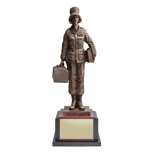 Maintenance Woman desktop sculpture with blank gold plate