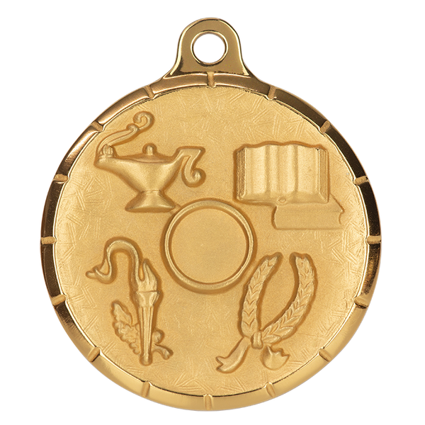 This image features a gold medal with a collection of academic and achievement-themed symbols, including a lamp of knowledge, an open book, a laurel wreath, a central circle, and other scholarly elements.