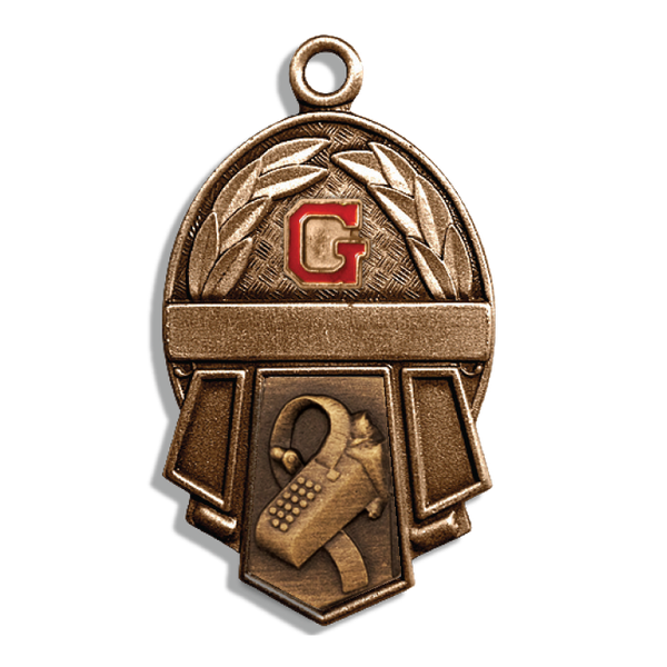 A bronze-colored medal featuring a laurel wreath design around its top half and a red letter "G" in the center. Below the letter "G" is a rectangular area that frames a profile of a head with a laurel crown.