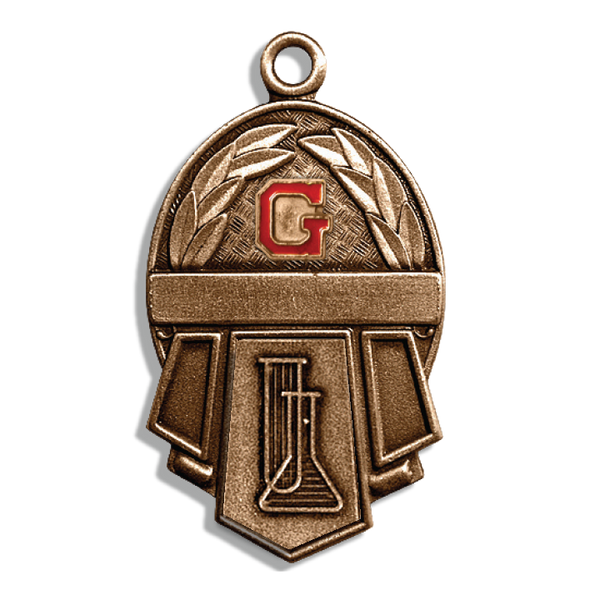 A bronze-colored medal featuring a laurel wreath design around its top half and a red letter "G" in the center. Below the letter "G" is a rectangular area that frames a profile of a head with a laurel crown. The medal has a loop at the top for hanging or attaching to a ribbon.