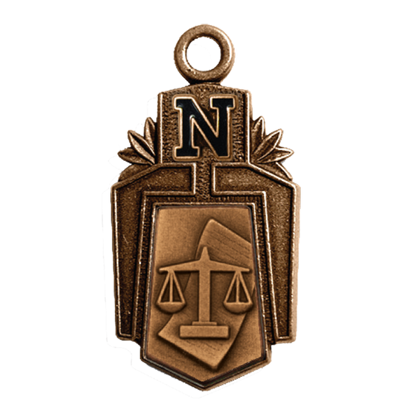 A bronze-colored medal featuring a laurel wreath design around its top half and a navy letter "N" in the center. Below the letter "N" is a rectangular area that frames a profile of a head with a laurel crown. The medal has a loop at the top for hanging or attaching to a ribbon.