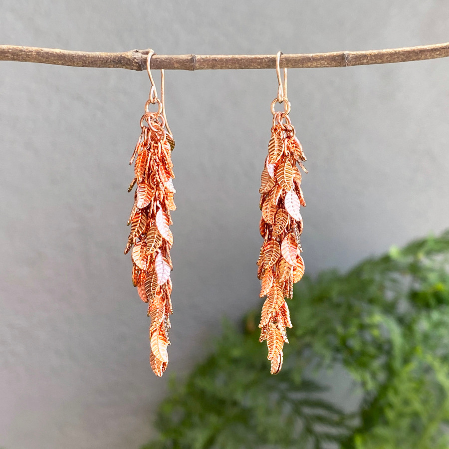 Shiny Rose Copper Leaf Earrings - Long