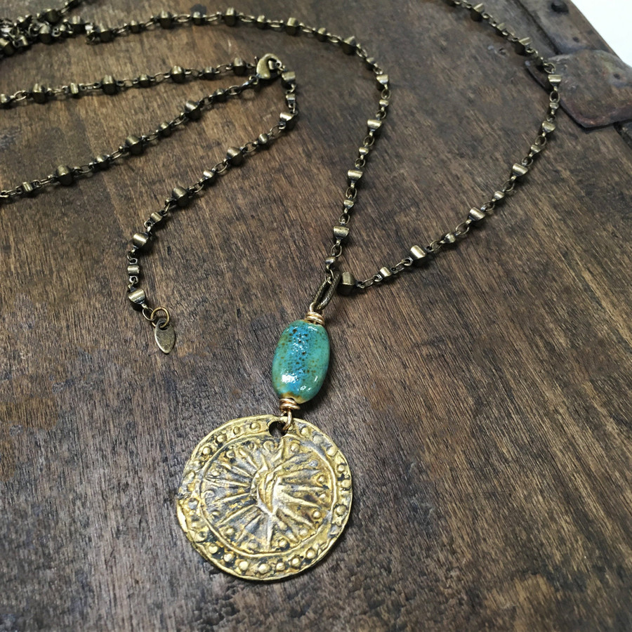 Brass Coin w/ Turquoise Adjustable Necklace