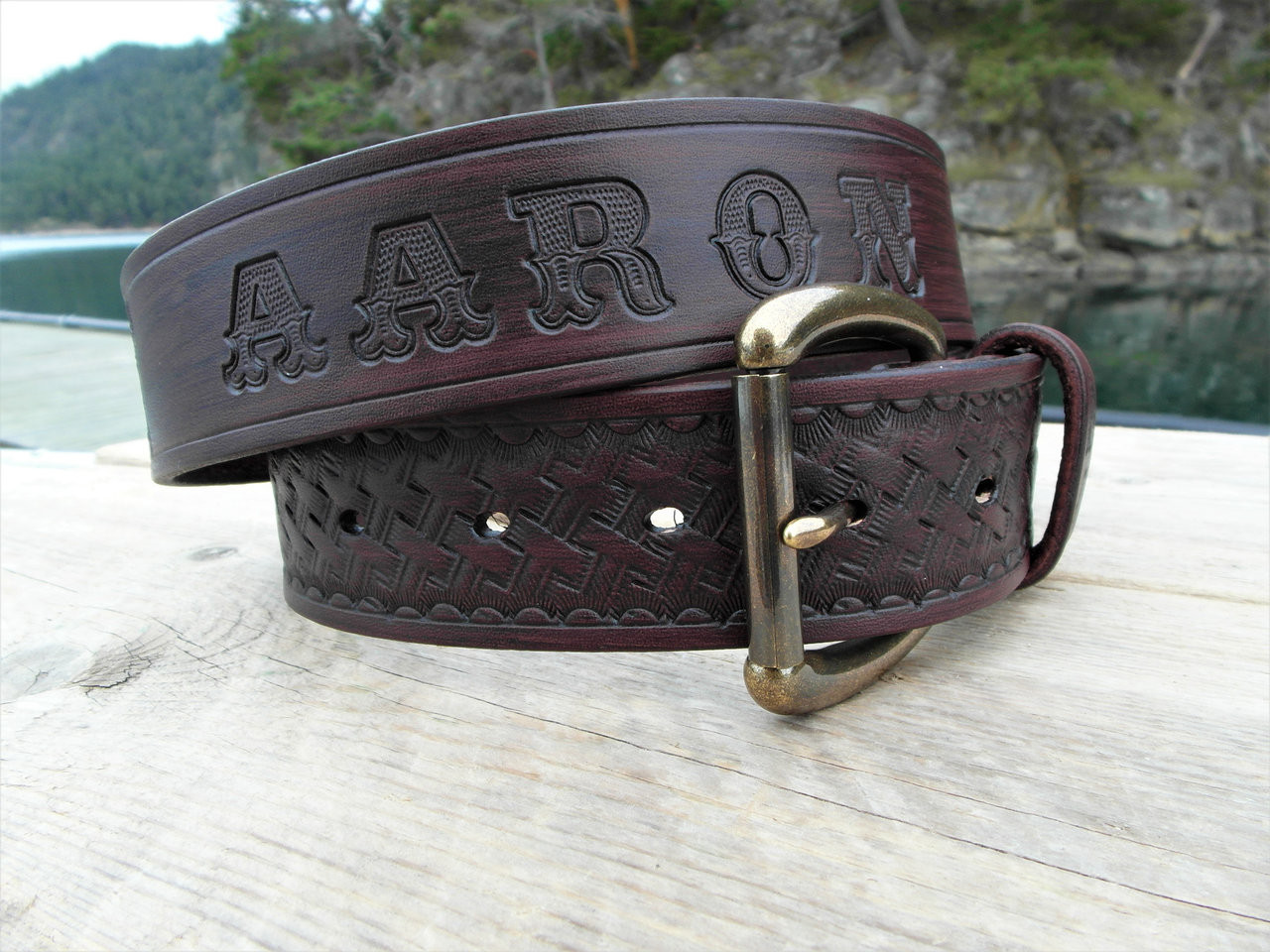 Personalized Fancy Cut-Out Leather Name Belt - Peronalized Custom Handmade Leather Belt Natural Leather w/ Painted Nature Scene / Half Oval - Brass