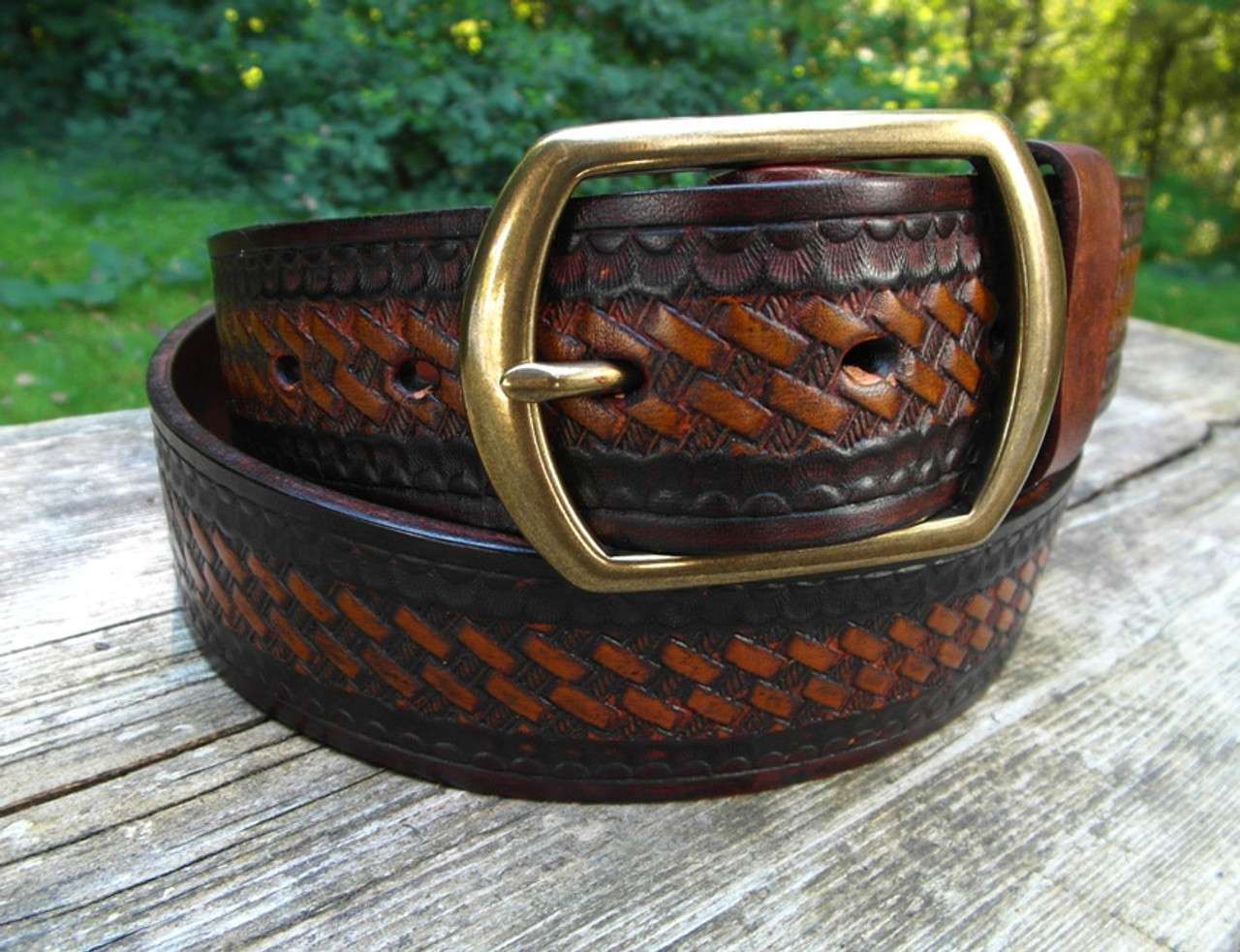 Tooled Basket Weave Leather Belt