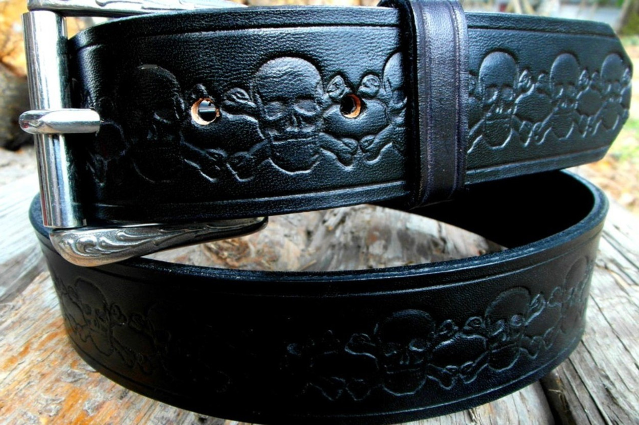 小物 PPFM 00s Skull Design Leather Belt Leather Skull Belt, Biker Belt, Skull Tooled Brown Leather
