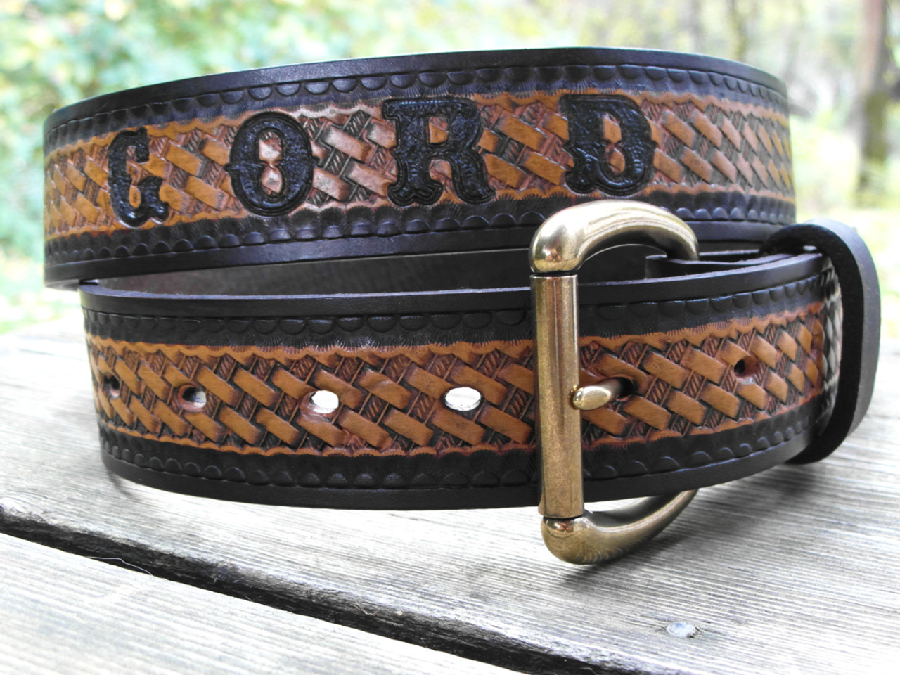 Personalized Fancy Cut-Out Leather Name Belt - Peronalized Custom Handmade Leather Belt Natural Leather w/ Painted Nature Scene / Half Oval - Brass