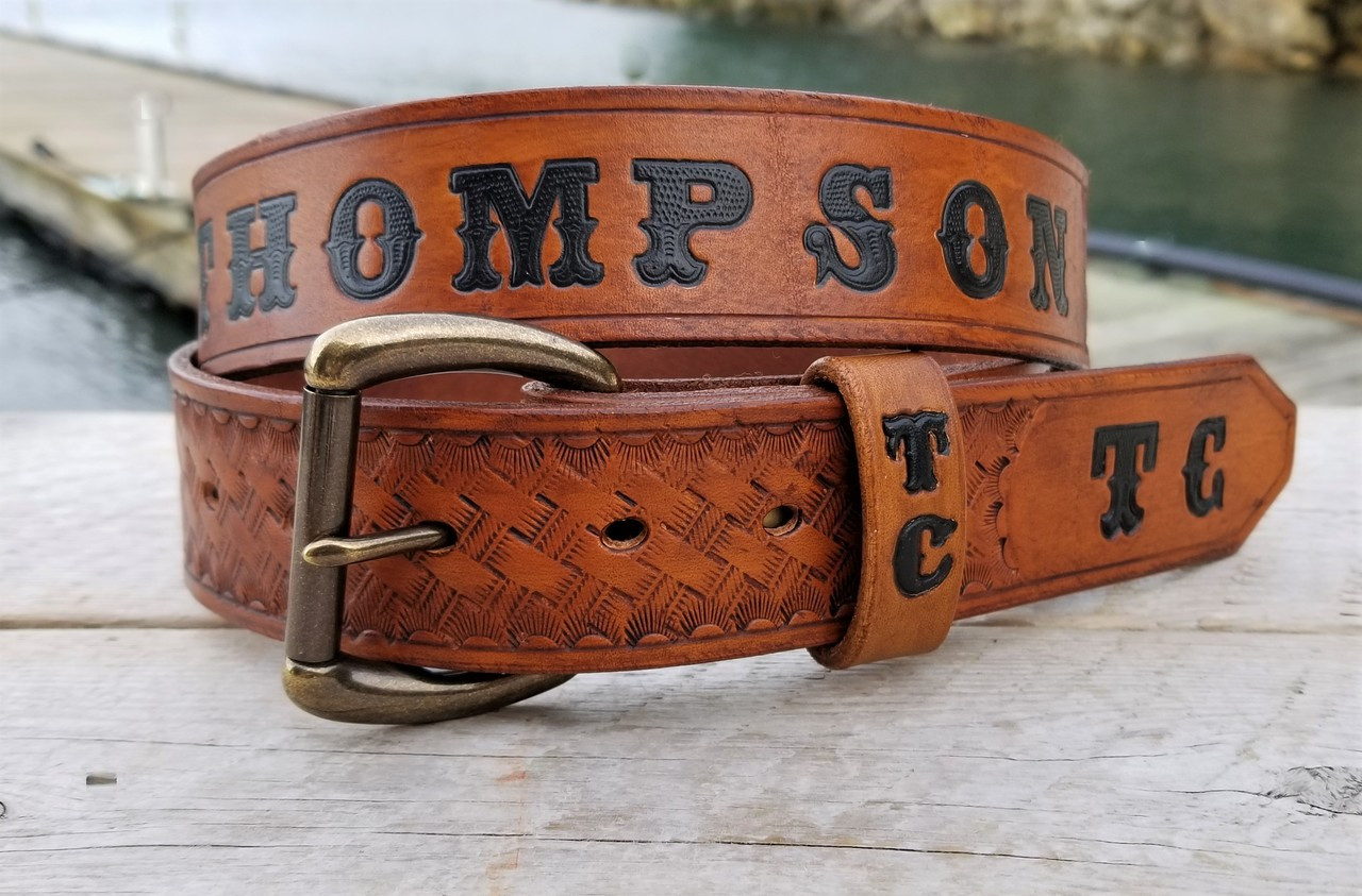 Personalized Turquoise Leather Belt Tooled with Name and Initials, Handmade Belt Personalized