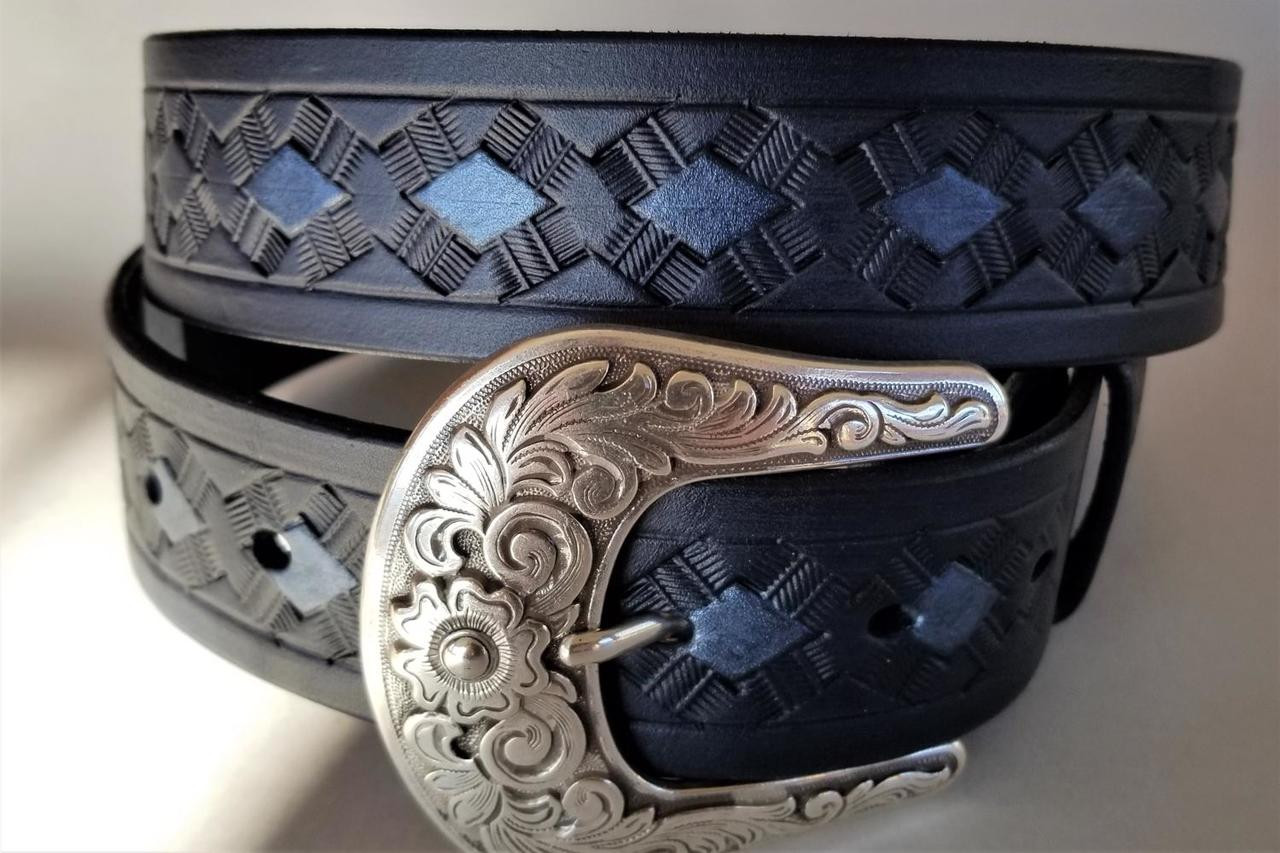 Western Blue Leather Belt with Silver Buckle