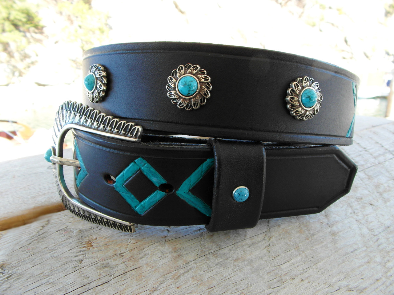 Leather Leash- Turquoise Center- Hand Painted & Tooled