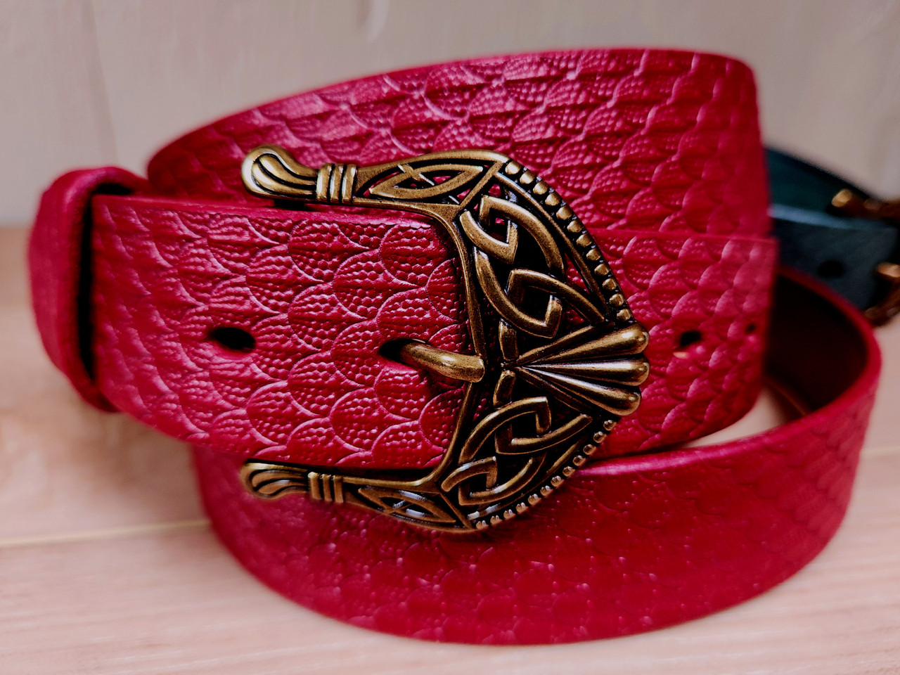 Tooled leather dragon scale belt