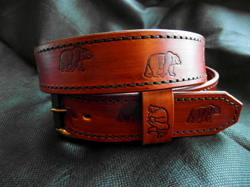 Leather belt with bears engraved