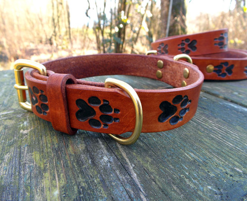 Leather Collar with Engraved Wolf Tracks - 1 inch wide