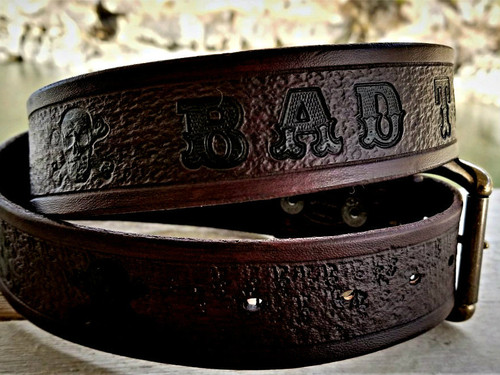 Leather Belt with skulls and Bad to the Bone