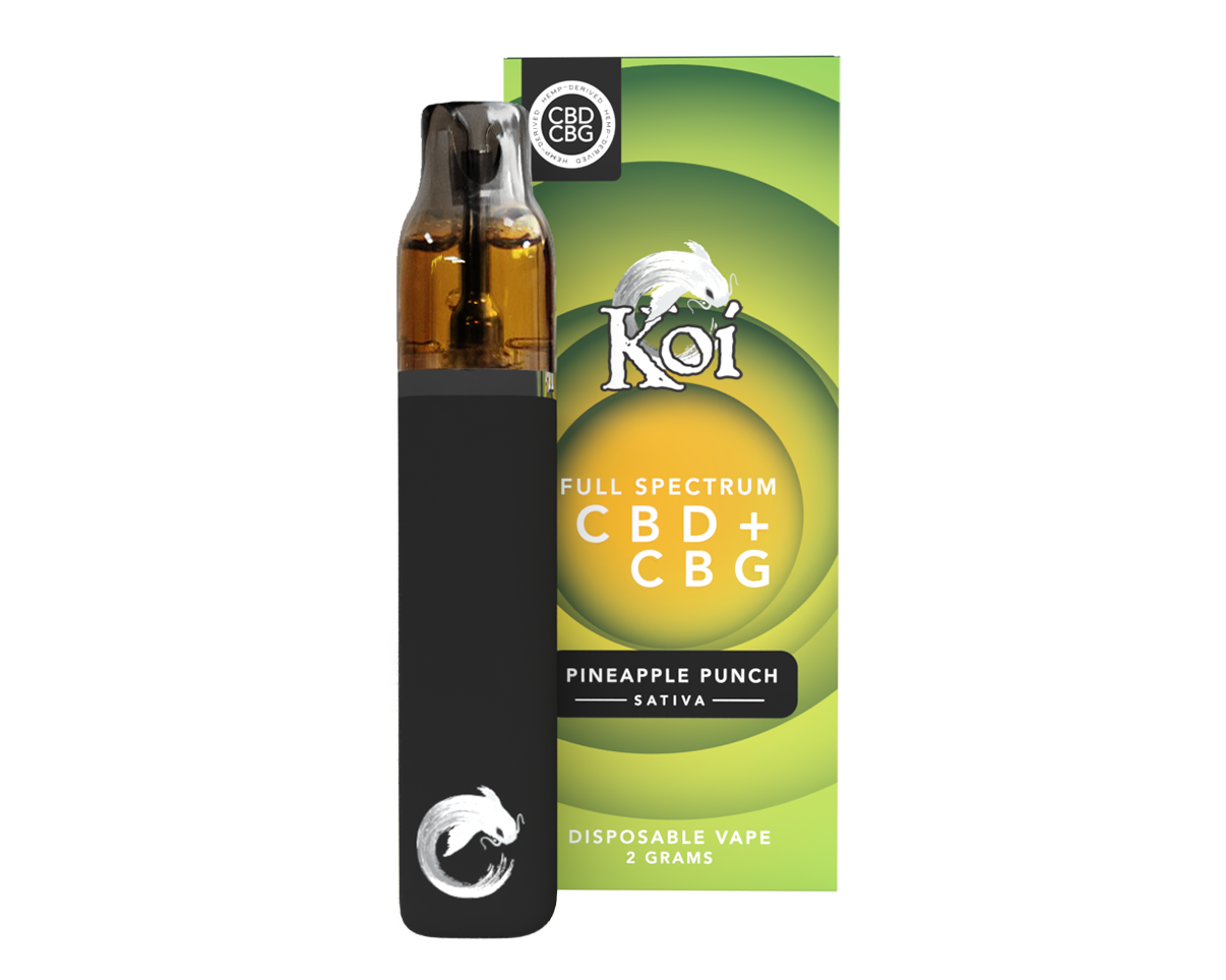 Koi Full Spectrum CBD + CBG Disposable Vape Bar (2 Gram) – Pineapple Punch (Sativa) 1 koi fullspeccbdcbgdisposablevape faq
