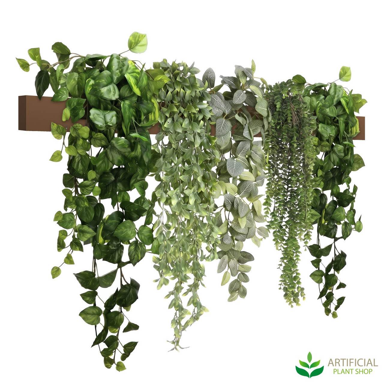 artificial hanging greenery kit with the brown cover plate behind five trailing plants