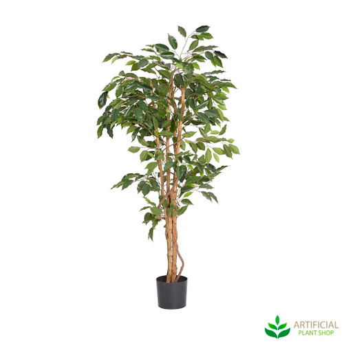 Artificial ficus tree 1.2m showing full height with lush green canopy and natural wood trunk in black pot
