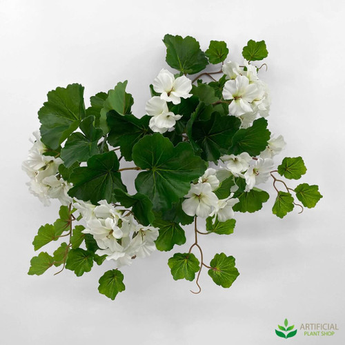 UV resistant artificial geranium bush with white flowers