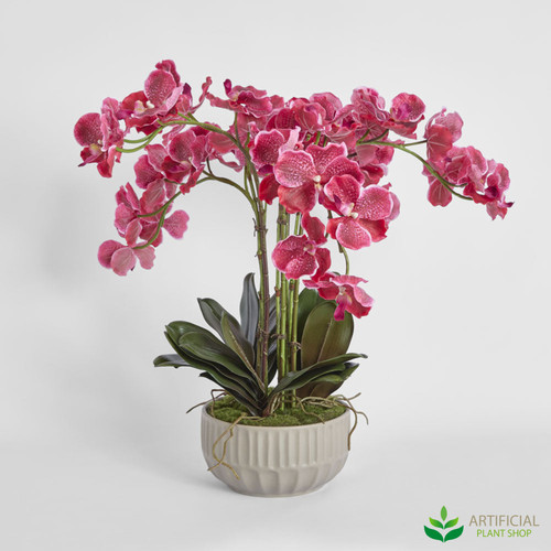 fake raspberry orchid arrangement in stone bowl 60cm