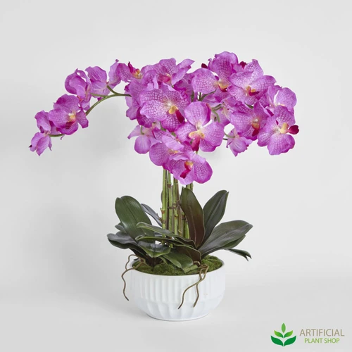 fake lilac orchid arrangement in white bowl 65cm