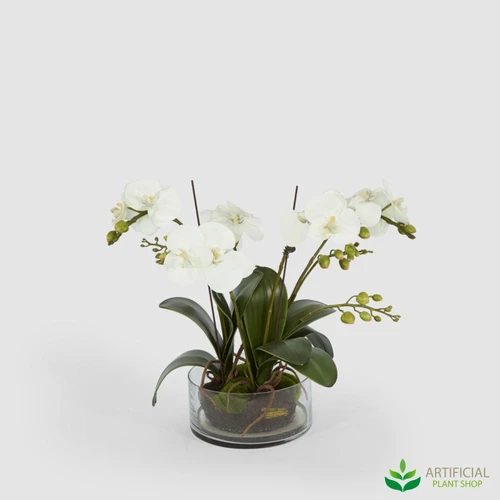 fake white orchid in glass bowl 40cm