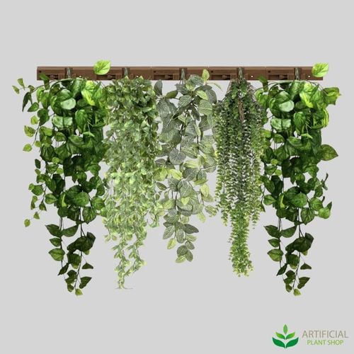 artificial hanging greenery kit with five trailing plants on a 1m mounting rail