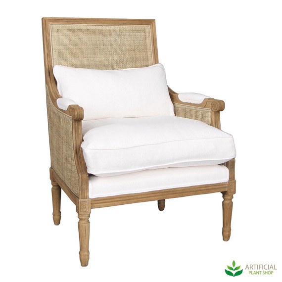 Hicks caned armchair with white cushions 