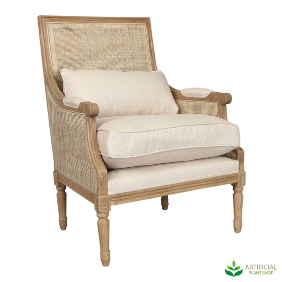 hicks caned arm chair with natural coloured cushions