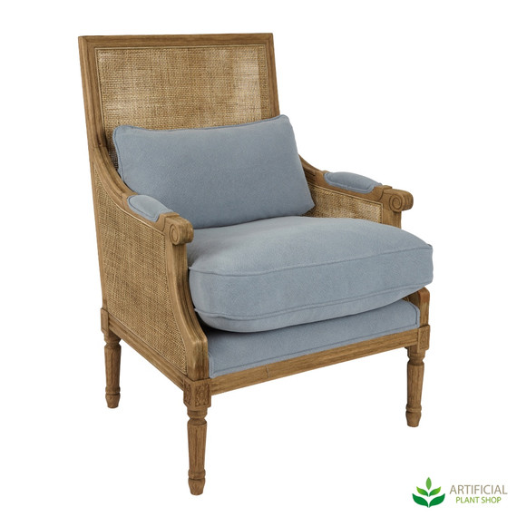 hicks caned armchair with blue cushions