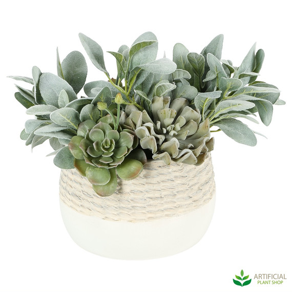 artificial flocked succulents in a decorative pot