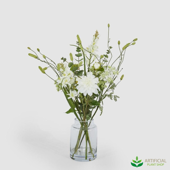 artificial dahlia eucalyptus arrangement in glass vase