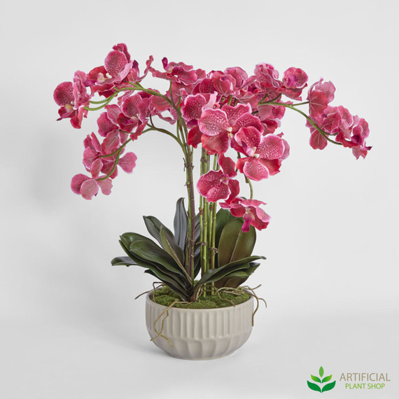 fake raspberry orchid arrangement in stone bowl 60cm