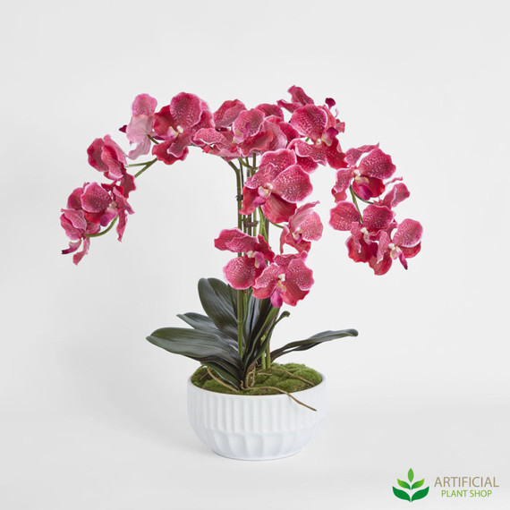 artificial raspberry orchid arrangement in white bowl 65cm