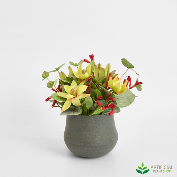 artificial green and red native arrangement in grey pot 30cm