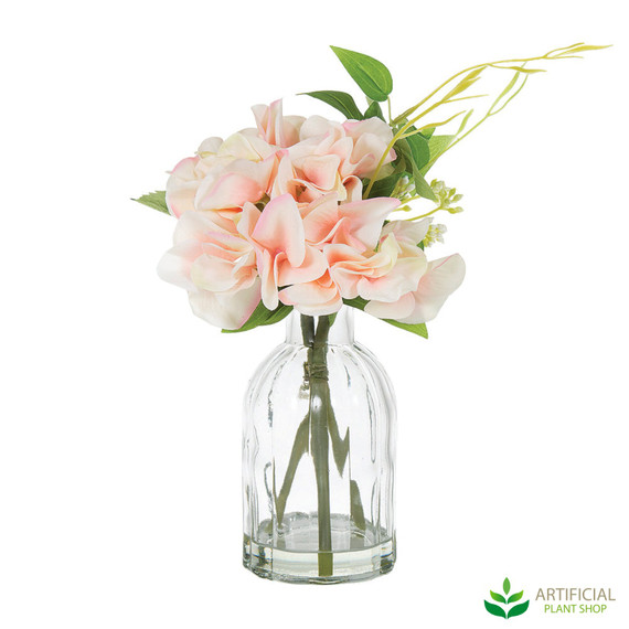 fake pink hydrangea in glass vase 22cm