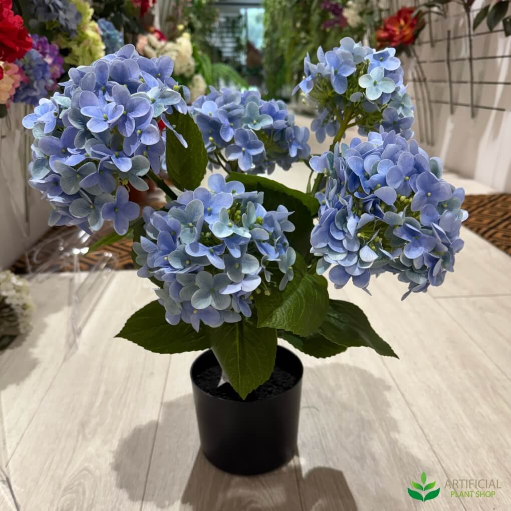 faux hydrangea flowers and leaves