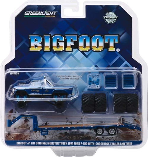 1:64 Bigfoot #1 The Original Monster Truck (1979) - 1974 Ford F-250 Monster Truck on Gooseneck Trailer with Regular and Replacement 66" Tires