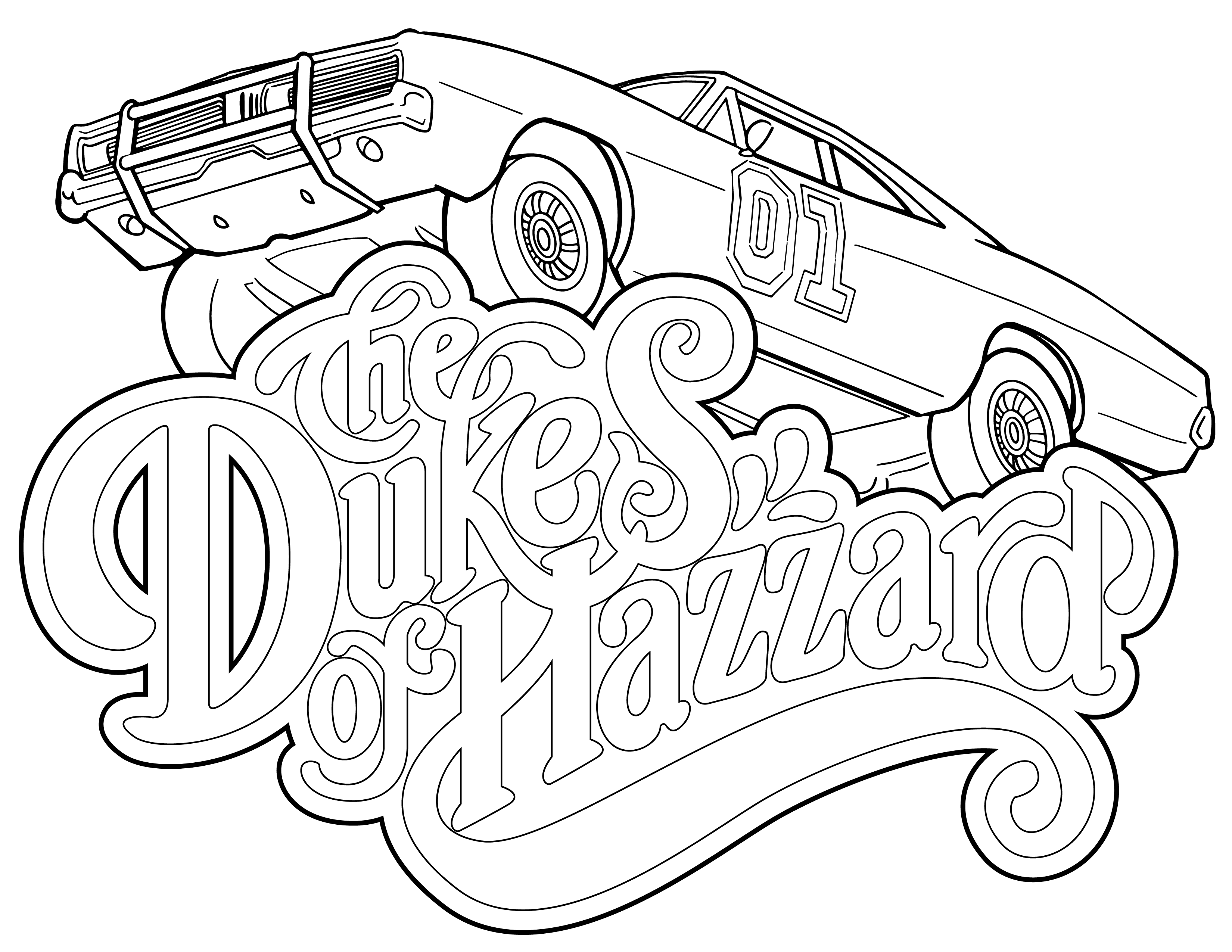 coloring page general lee jumping over the words Dukes of Hazzard