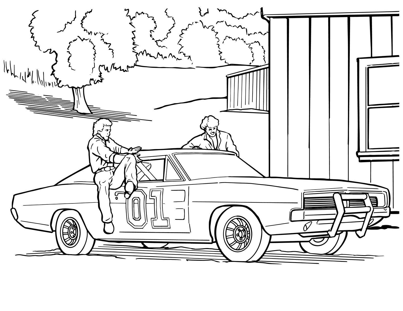coloring page Bo and Luke entering General Lee through the windows